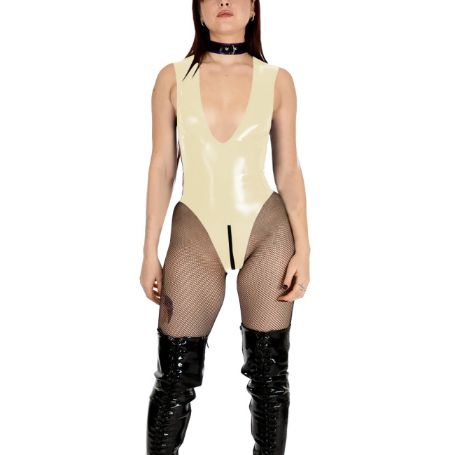 Sexy Vinyl PVC Leather Bodysuit Women's V-neck High Cut Tight Leotard Wetlook Sleeveless Zipper Crotch Teddies Pole Dance Romper