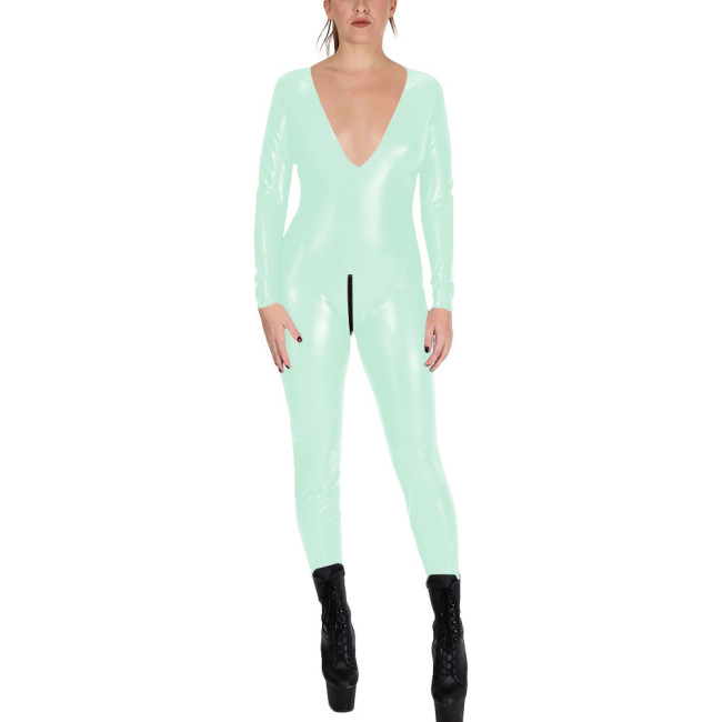 V-neck Zipper Open Crotch Wet Look PVC Catsuit Womens Party Shiny PU Leather Bodysuit Cospaly Tight Leotard Long Sleeve Jumpsuit