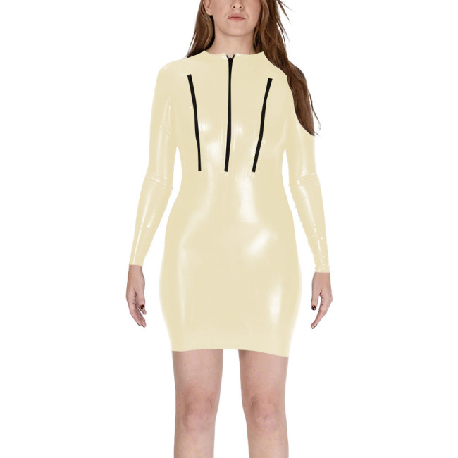 Sexy Zipper Chest Bodycon Mini Dress Womens Club Sheath Long Sleeve PVC Shiny Tight Dresses Wetlook Patent Leather Vestidos