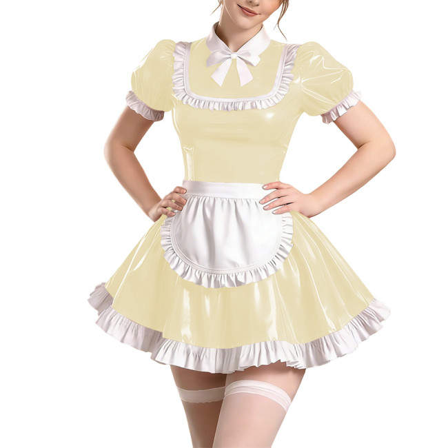 Sissy Short Sleeve Maid Uniform Lolita Pleated Cosplay Evening Dress Anime Bow Shiny PVC Mini Maid Dress with Apron Halloween