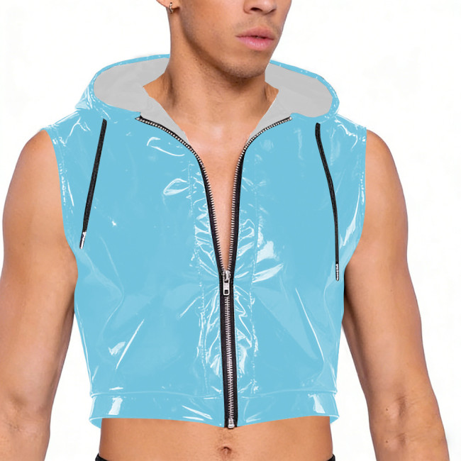 Wet Look PVC Leather Crop Tops for Mens Shiny Vinyl Leather Zipper Tank Vest Male Pole Dance Clubwear Croptop Cropped Jackets