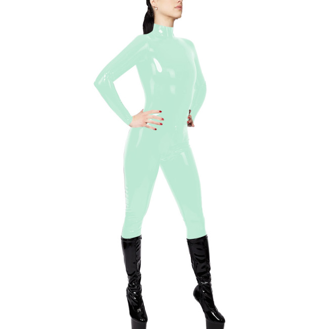 Halloween High Neck Women Catsuit Sexy Shiny Patent Leather PVC Zipper Open Crotch Jumpsuit Nightclub Wet Look Rompers Bodysuit