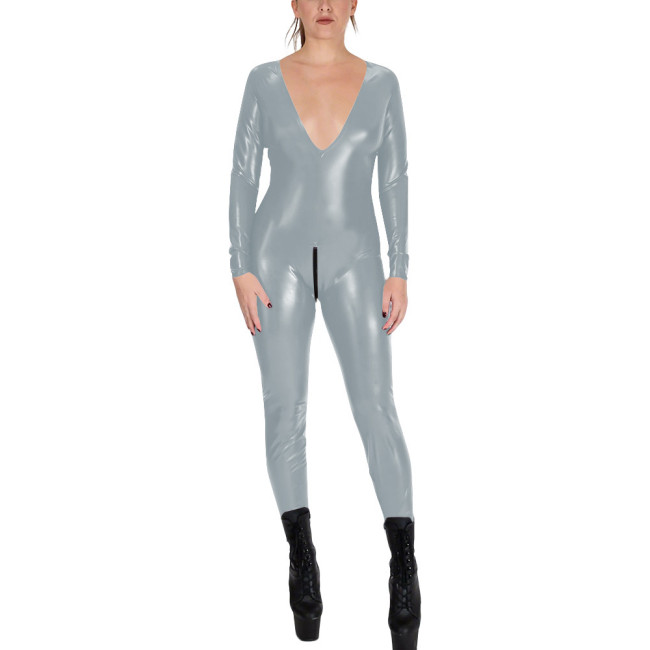 V-neck Zipper Open Crotch Wet Look PVC Catsuit Womens Party Shiny PU Leather Bodysuit Cospaly Tight Leotard Long Sleeve Jumpsuit