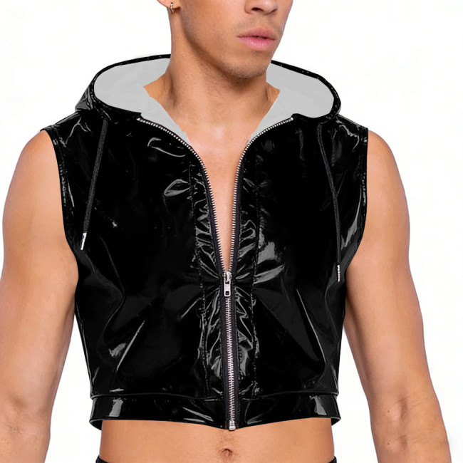 Wet Look PVC Leather Crop Tops for Mens Shiny Vinyl Leather Zipper Tank Vest Male Pole Dance Clubwear Croptop Cropped Jackets