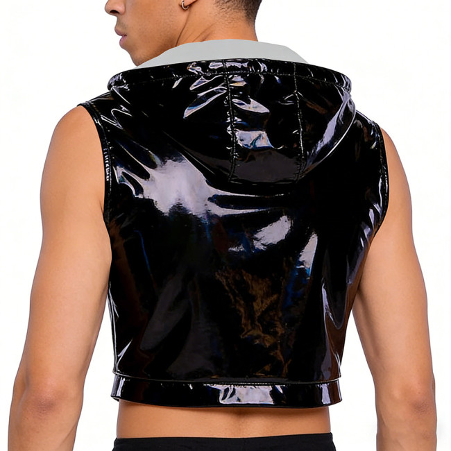 Wet Look PVC Leather Crop Tops for Mens Shiny Vinyl Leather Zipper Tank Vest Male Pole Dance Clubwear Croptop Cropped Jackets
