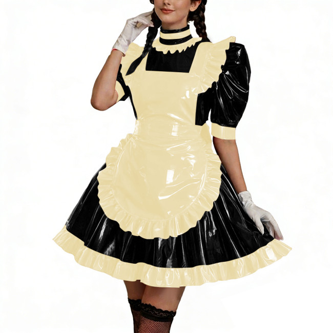 Shiny PU Leather Anime Maid Uniforms Lockable Role Play Mini Pleated Maid Dress with Apron Sissy Ball Gown Party Cosplay Outfits