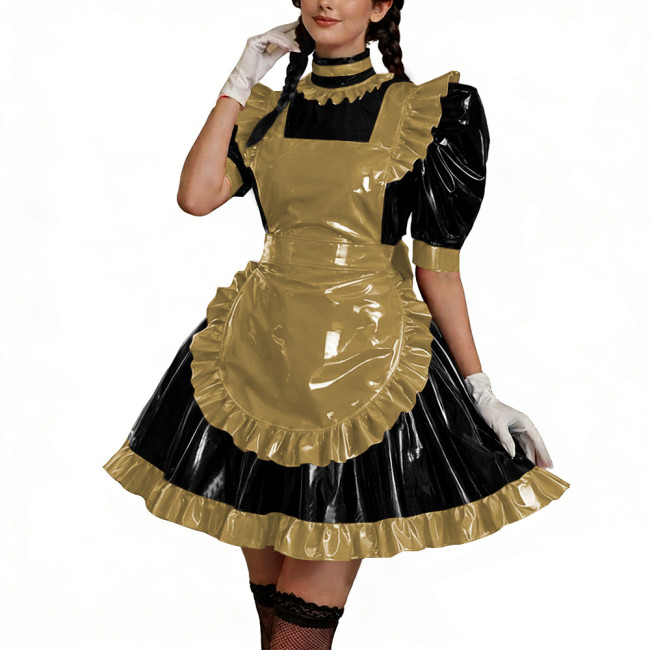 Shiny PU Leather Anime Maid Uniforms Lockable Role Play Mini Pleated Maid Dress with Apron Sissy Ball Gown Party Cosplay Outfits