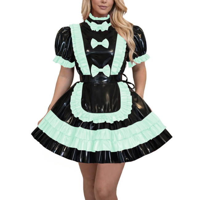 French Lolita Fetish Crossdressing Maid Uniforms Lockable Sissy High Neck Apron Pleated Mini Maid Dress for Theme Party Cosplay