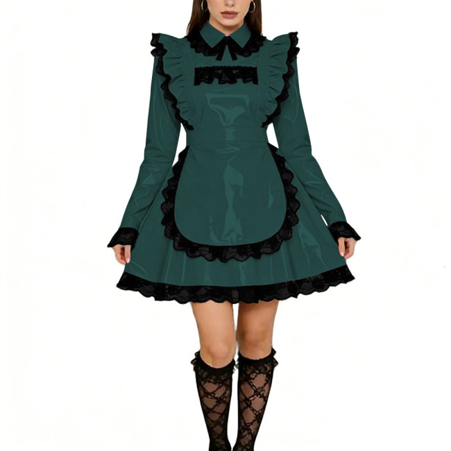 Sissy Lolita Ruffles Mini Maid Dresses Vinyl PVC Leather Long Sleeve French Maid Uniforms Mens Womens Party Cosplay Maid Outfits