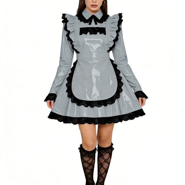 Sissy Lolita Ruffles Mini Maid Dresses Vinyl PVC Leather Long Sleeve French Maid Uniforms Mens Womens Party Cosplay Maid Outfits