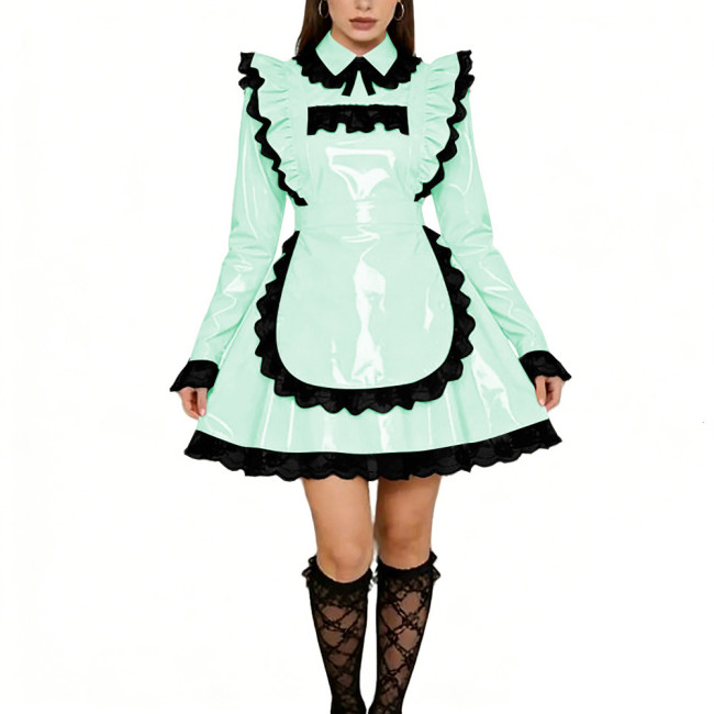 Sissy Lolita Ruffles Mini Maid Dresses Vinyl PVC Leather Long Sleeve French Maid Uniforms Mens Womens Party Cosplay Maid Outfits