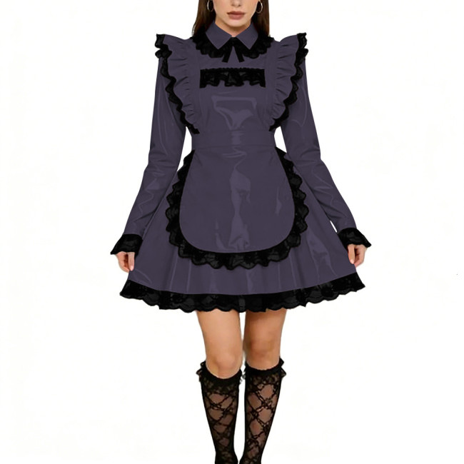 Sissy Lolita Ruffles Mini Maid Dresses Vinyl PVC Leather Long Sleeve French Maid Uniforms Mens Womens Party Cosplay Maid Outfits