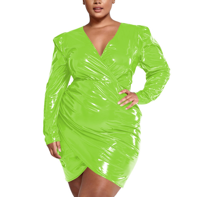 Plus Size Elegant Package Hips Glossy Dress Women PVC Shiny Deep V Neck Long Sleeve Bodycon Dress Ladies Short Evening Dresses