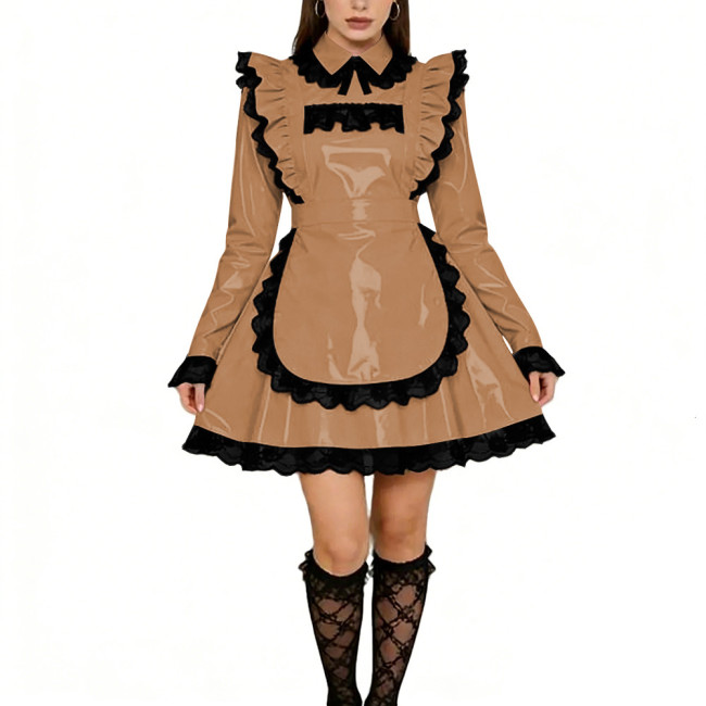 Sissy Lolita Ruffles Mini Maid Dresses Vinyl PVC Leather Long Sleeve French Maid Uniforms Mens Womens Party Cosplay Maid Outfits