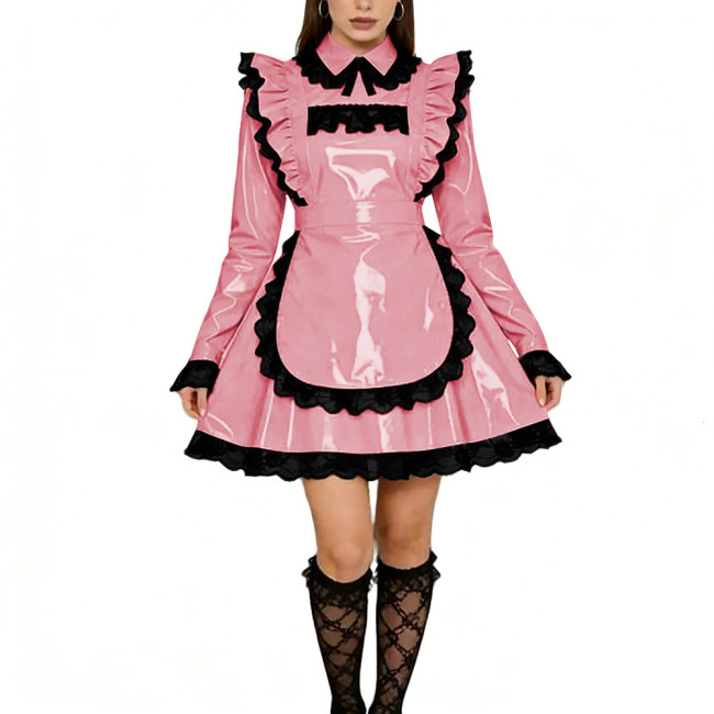 Sissy Lolita Ruffles Mini Maid Dresses Vinyl PVC Leather Long Sleeve French Maid Uniforms Mens Womens Party Cosplay Maid Outfits