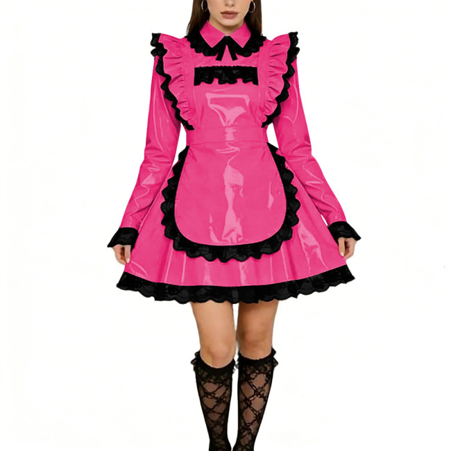 Sissy Lolita Ruffles Mini Maid Dresses Vinyl PVC Leather Long Sleeve French Maid Uniforms Mens Womens Party Cosplay Maid Outfits