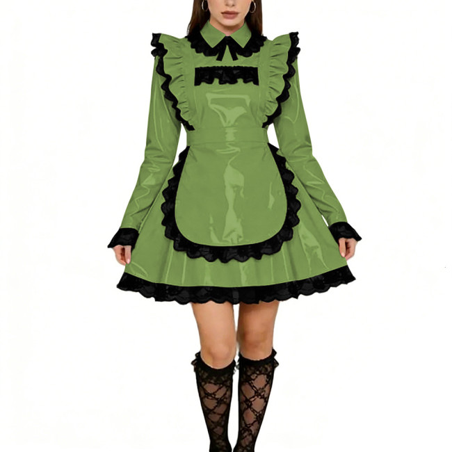 Sissy Lolita Ruffles Mini Maid Dresses Vinyl PVC Leather Long Sleeve French Maid Uniforms Mens Womens Party Cosplay Maid Outfits