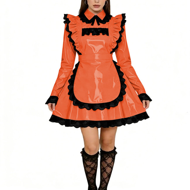Sissy Lolita Ruffles Mini Maid Dresses Vinyl PVC Leather Long Sleeve French Maid Uniforms Mens Womens Party Cosplay Maid Outfits