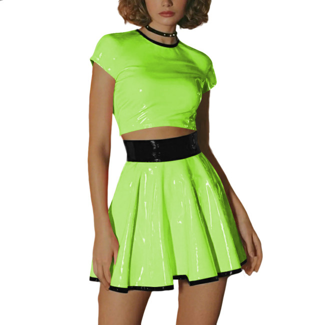 Punk Fetish PVC Shiny Dress Sets Glossy High Waisted Mini Skirt and Short Sleeve Crop Top Party Club Plus Size Two-Piece Outfits