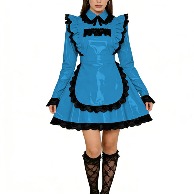 Sissy Lolita Ruffles Mini Maid Dresses Vinyl PVC Leather Long Sleeve French Maid Uniforms Mens Womens Party Cosplay Maid Outfits