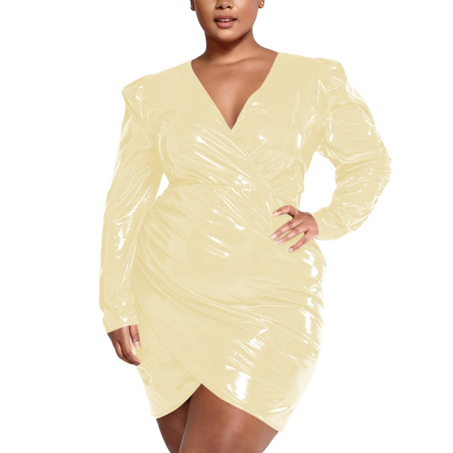 Plus Size Elegant Package Hips Glossy Dress Women PVC Shiny Deep V Neck Long Sleeve Bodycon Dress Ladies Short Evening Dresses