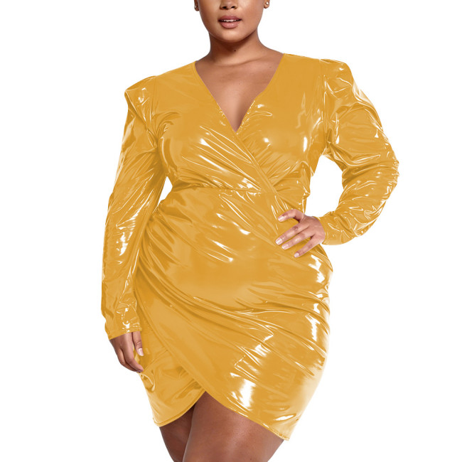 Plus Size Elegant Package Hips Glossy Dress Women PVC Shiny Deep V Neck Long Sleeve Bodycon Dress Ladies Short Evening Dresses