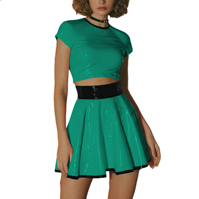Punk Fetish PVC Shiny Dress Sets Glossy High Waisted Mini Skirt and Short Sleeve Crop Top Party Club Plus Size Two-Piece Outfits
