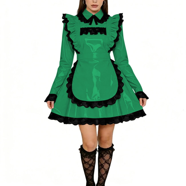 Sissy Lolita Ruffles Mini Maid Dresses Vinyl PVC Leather Long Sleeve French Maid Uniforms Mens Womens Party Cosplay Maid Outfits