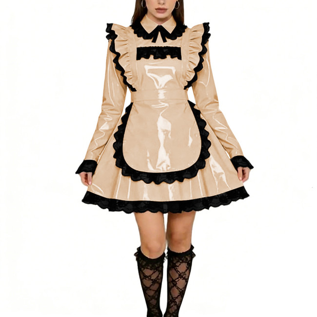 Sissy Lolita Ruffles Mini Maid Dresses Vinyl PVC Leather Long Sleeve French Maid Uniforms Mens Womens Party Cosplay Maid Outfits