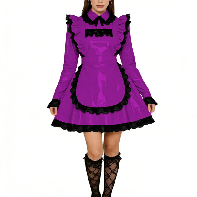 Sissy Lolita Ruffles Mini Maid Dresses Vinyl PVC Leather Long Sleeve French Maid Uniforms Mens Womens Party Cosplay Maid Outfits