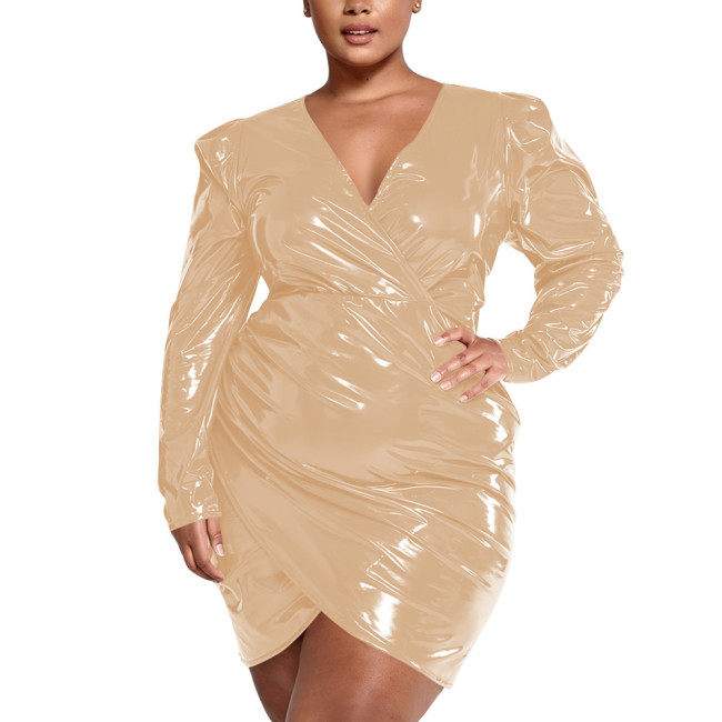 Plus Size Elegant Package Hips Glossy Dress Women PVC Shiny Deep V Neck Long Sleeve Bodycon Dress Ladies Short Evening Dresses