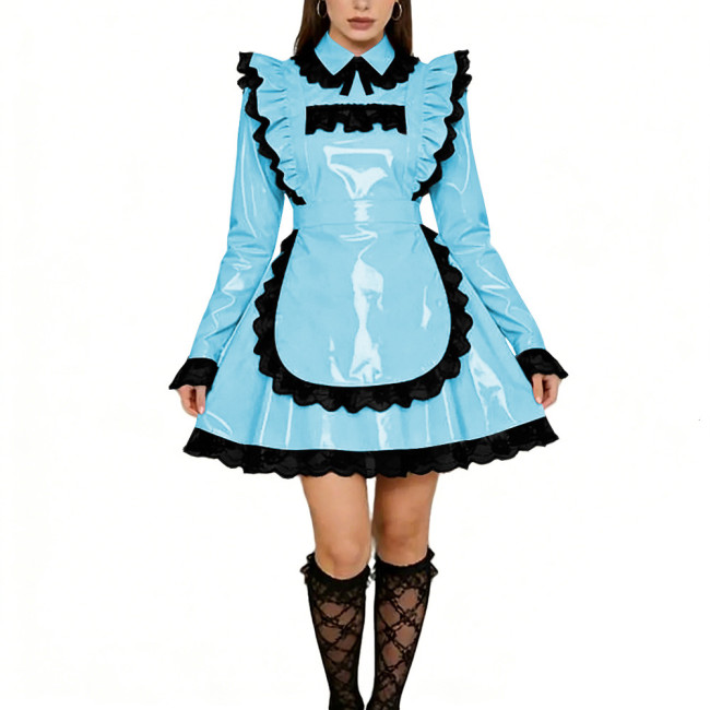 Sissy Lolita Ruffles Mini Maid Dresses Vinyl PVC Leather Long Sleeve French Maid Uniforms Mens Womens Party Cosplay Maid Outfits