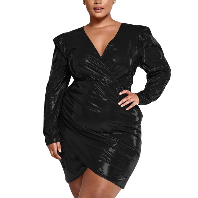 Plus Size Elegant Package Hips Glossy Dress Women PVC Shiny Deep V Neck Long Sleeve Bodycon Dress Ladies Short Evening Dresses