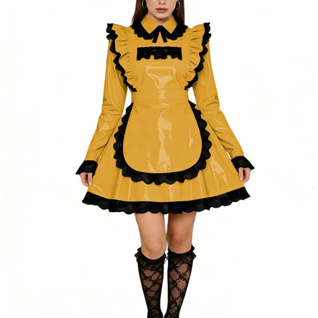 Sissy Lolita Ruffles Mini Maid Dresses Vinyl PVC Leather Long Sleeve French Maid Uniforms Mens Womens Party Cosplay Maid Outfits