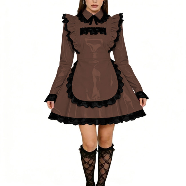 Sissy Lolita Ruffles Mini Maid Dresses Vinyl PVC Leather Long Sleeve French Maid Uniforms Mens Womens Party Cosplay Maid Outfits