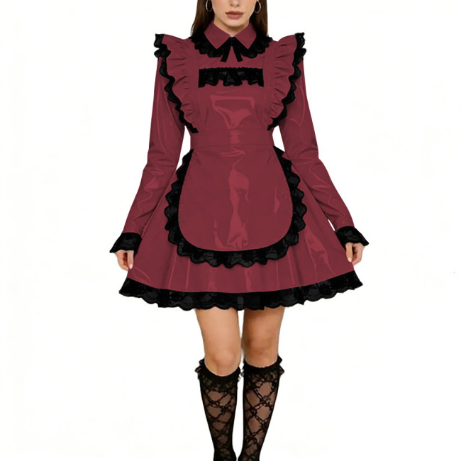 Sissy Lolita Ruffles Mini Maid Dresses Vinyl PVC Leather Long Sleeve French Maid Uniforms Mens Womens Party Cosplay Maid Outfits