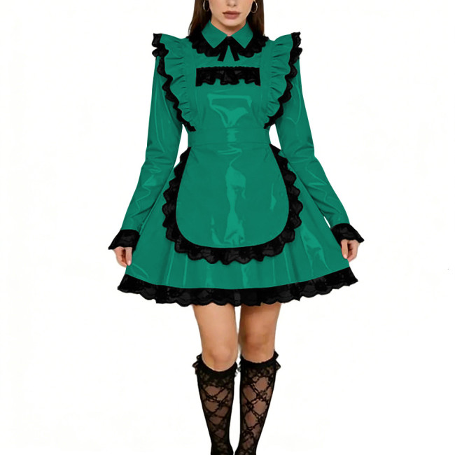 Sissy Lolita Ruffles Mini Maid Dresses Vinyl PVC Leather Long Sleeve French Maid Uniforms Mens Womens Party Cosplay Maid Outfits