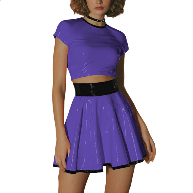 Punk Fetish PVC Shiny Dress Sets Glossy High Waisted Mini Skirt and Short Sleeve Crop Top Party Club Plus Size Two-Piece Outfits