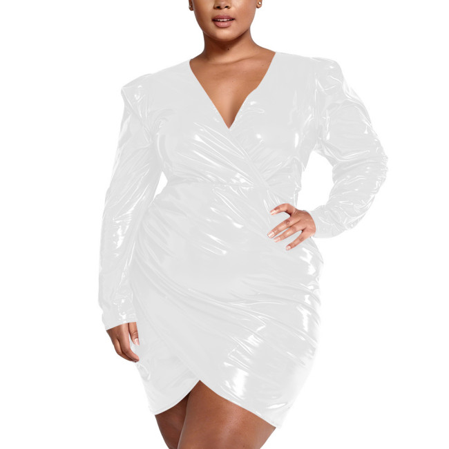 Plus Size Elegant Package Hips Glossy Dress Women PVC Shiny Deep V Neck Long Sleeve Bodycon Dress Ladies Short Evening Dresses