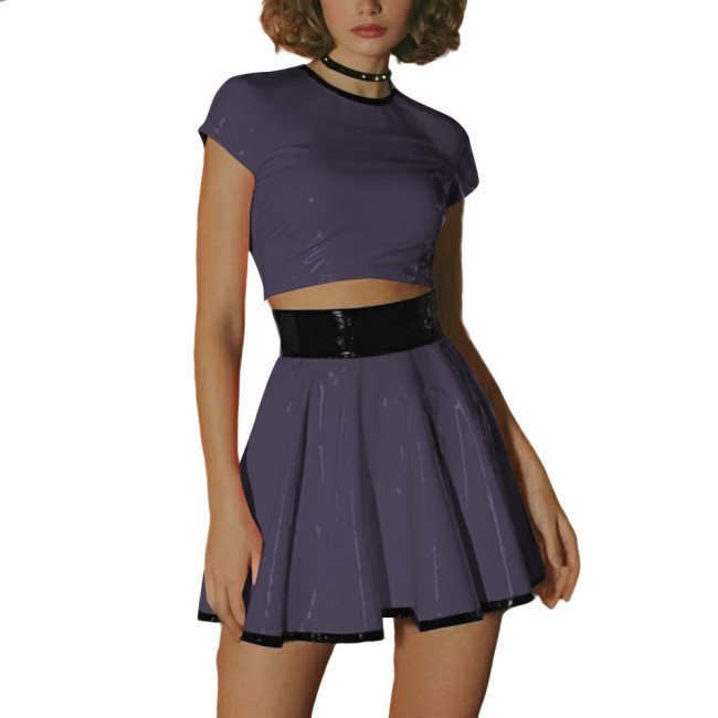 Punk Fetish PVC Shiny Dress Sets Glossy High Waisted Mini Skirt and Short Sleeve Crop Top Party Club Plus Size Two-Piece Outfits