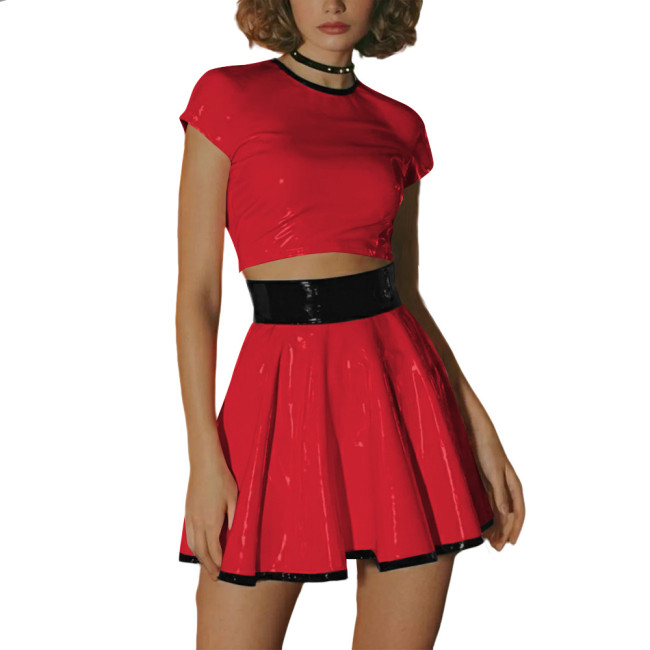 Punk Fetish PVC Shiny Dress Sets Glossy High Waisted Mini Skirt and Short Sleeve Crop Top Party Club Plus Size Two-Piece Outfits