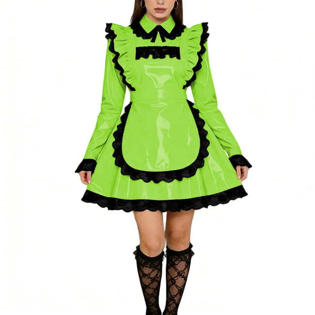 Sissy Lolita Ruffles Mini Maid Dresses Vinyl PVC Leather Long Sleeve French Maid Uniforms Mens Womens Party Cosplay Maid Outfits