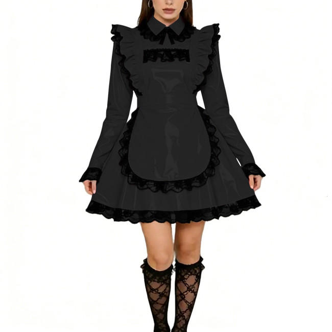 Sissy Lolita Ruffles Mini Maid Dresses Vinyl PVC Leather Long Sleeve French Maid Uniforms Mens Womens Party Cosplay Maid Outfits