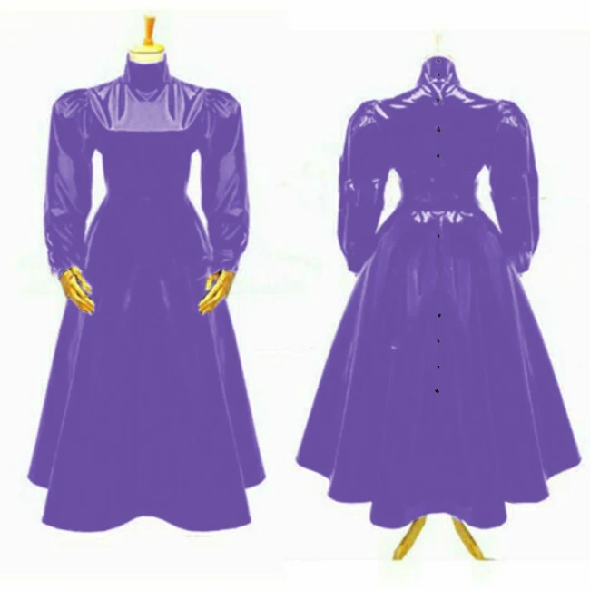 Women's Glossy High Neck Sheath Long Dress, Faux Latex, Full Sleeve, A Line Flare Dress, Party Gown, Club Outfit