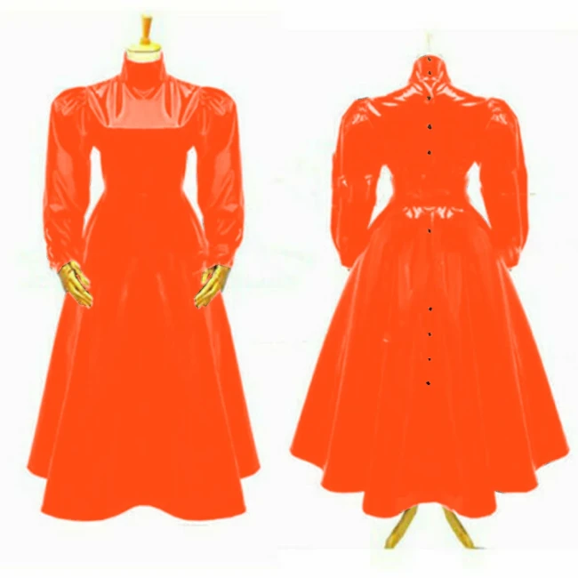 Women's Glossy High Neck Sheath Long Dress, Faux Latex, Full Sleeve, A Line Flare Dress, Party Gown, Club Outfit