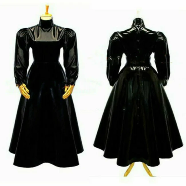 Women's Glossy High Neck Sheath Long Dress, Faux Latex, Full Sleeve, A Line Flare Dress, Party Gown, Club Outfit