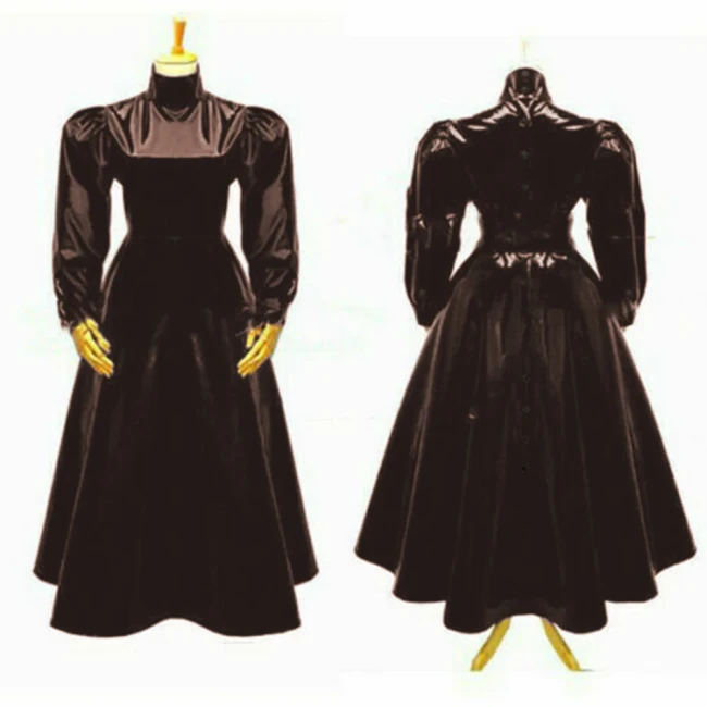 Women's Glossy High Neck Sheath Long Dress, Faux Latex, Full Sleeve, A Line Flare Dress, Party Gown, Club Outfit
