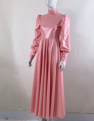 Women's Glossy High Neck Sheath Long Dress, Faux Latex, Full Sleeve, A Line Flare Dress, Party Gown, Club Outfit