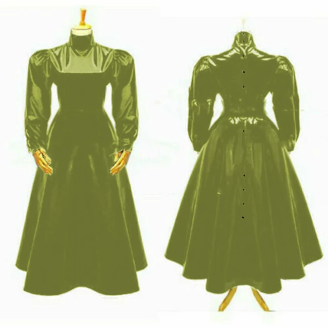 Women's Glossy High Neck Sheath Long Dress, Faux Latex, Full Sleeve, A Line Flare Dress, Party Gown, Club Outfit