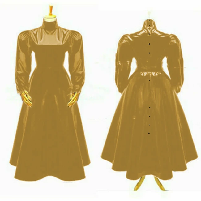 Women's Glossy High Neck Sheath Long Dress, Faux Latex, Full Sleeve, A Line Flare Dress, Party Gown, Club Outfit